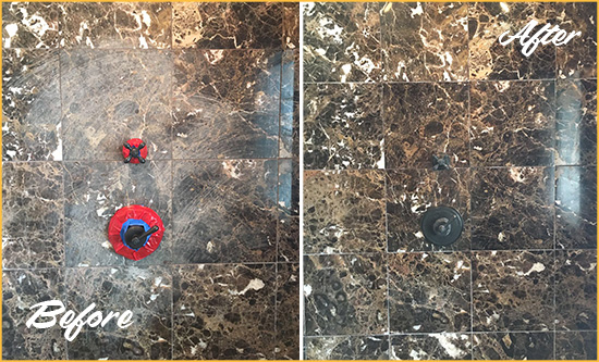 Before and After Picture of a Catalina Marble Shower Honed to Remove Scratches