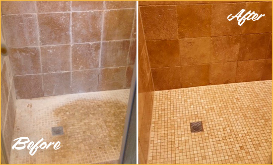 Before and After Picture of a Picture Rocks Travertine Shower Honed to Remove Mineral Deposits