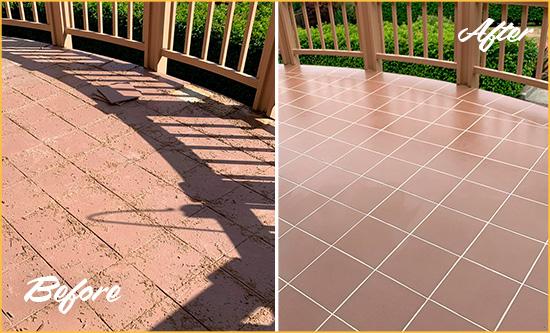 Before and After Picture of a Picture Rocks Hard Surface Restoration Service on a Tiled Deck
