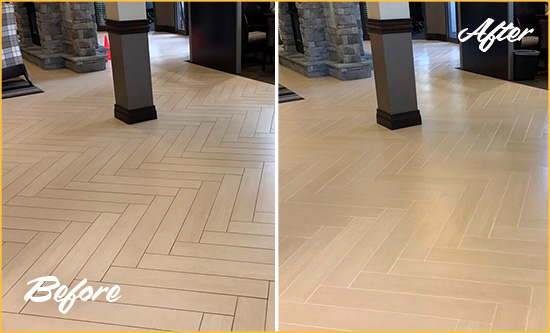 Before and After Picture of a Catalina Hard Surface Restoration Service on an Office Lobby Tile Floor to Remove Embedded Dirt