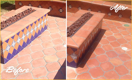 Before and After Picture of a Catalina Hard Surface Restoration Service on a Dull Terracotta Patio Floor to Recover Its Color