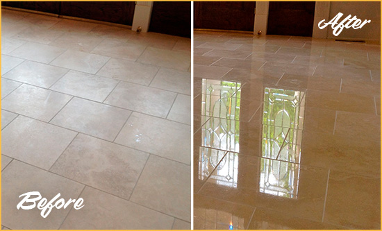 Before and After Picture of a Picture Rocks Hard Surface Restoration Service on a Dull Travertine Floor Polished to Recover Its Splendor