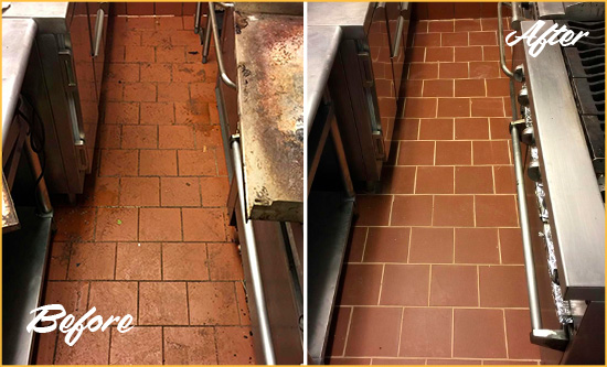 Before and After Picture of a Catalina Foothills Hard Surface Restoration Service on a Restaurant Kitchen Floor to Eliminate Soil and Grease Build-Up
