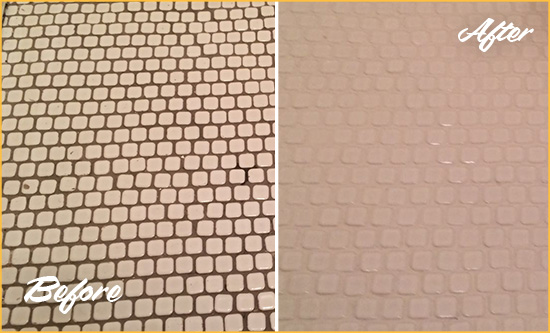 Before and After Picture of a Picture Rocks Hard Surface Restoration Service on a Bathroom Tile Floor Recolored to Fix Grout Color