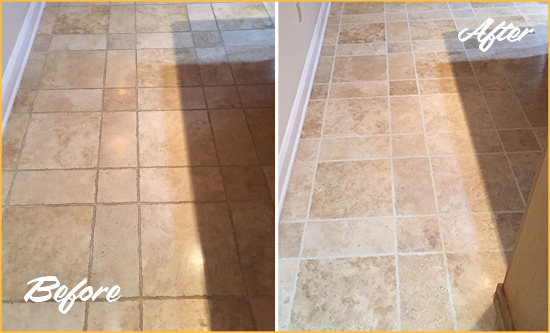 Before and After Picture of Catalina Kitchen Floor Grout Cleaned to Recover Its Color