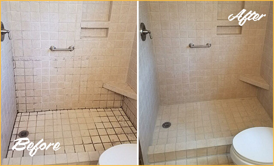 Before and After Picture of a Picture Rocks Shower Grout Cleaned to Remove Mold