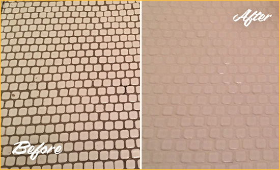 Before and After Picture of a Catalina Foothills Mosaic Tile floor Grout Cleaned to Remove Dirt