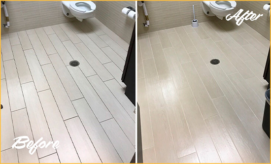Before and After Picture of a Tucson Office Restroom's Grout Cleaned to Remove Dirt