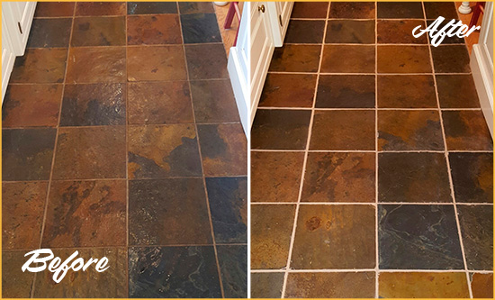 Before and After Picture of Corona de Tucson Slate Floor Grout Cleaned to Remove Dirt