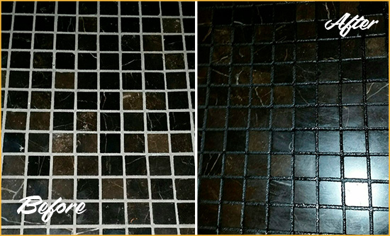 Before and After Picture of a Picture Rocks Black Floor with Recolored Grout