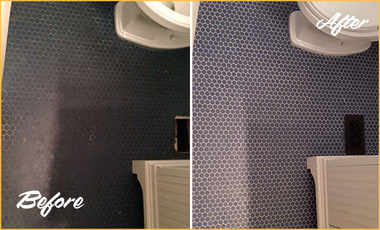 Before and After Picture of a Catalina Blue Tile Floor Recolored Grout
