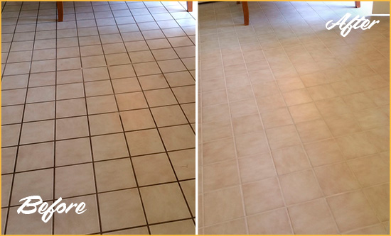 Before and After Picture of a Tanque Verde Kitchen Tile Floor with Recolored Grout