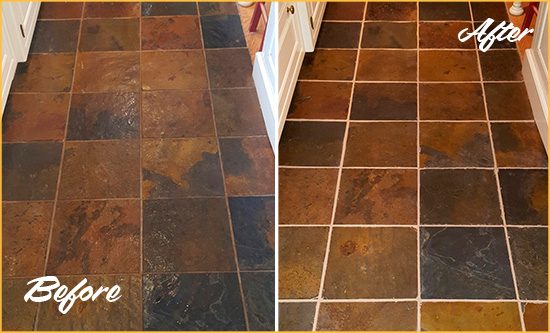 Before and After Picture of a Casas Adobe Slate Floor Recolored Grout