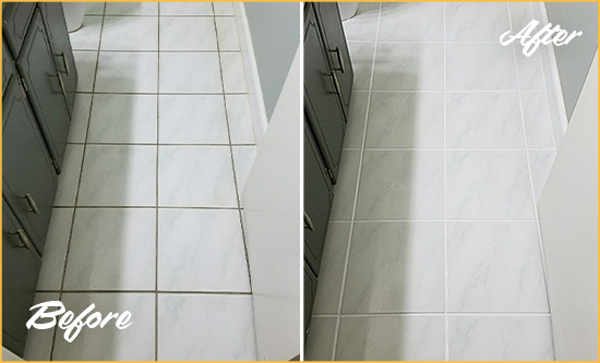 Before and After Picture of a Catalina White Ceramic Tile with Recolored Grout