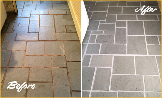 Before and After Picture of Damaged Corona de Tucson Slate Floor with Sealed Grout