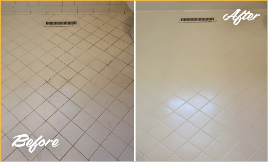 Before and After Picture of a Vail White Bathroom Floor Grout Sealed for Extra Protection