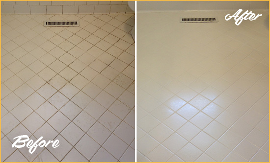 Before and After Picture of a Catalina Foothills White Bathroom Floor Grout Sealed for Extra Protection