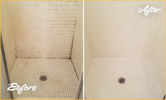 Before and After Picture of a Sahuarita Bathroom Grout Sealed to Remove Mold