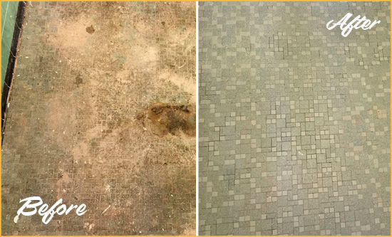 Before and After Picture of a Vail Mosaic Shower Cleaned to Eliminate Embedded Dirt