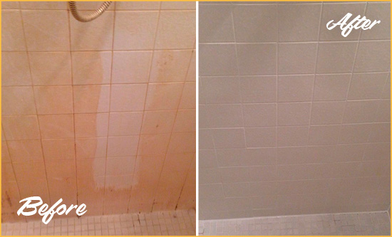 Before and After Picture of a Catalina Porcelaine Shower Cleaned to Remove Soap Scum