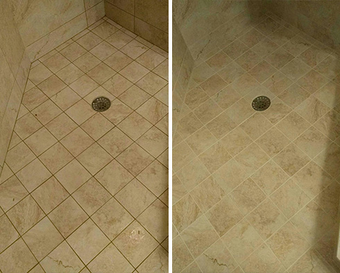 Shower Floor Before and After a Grout Cleaning in Tucson