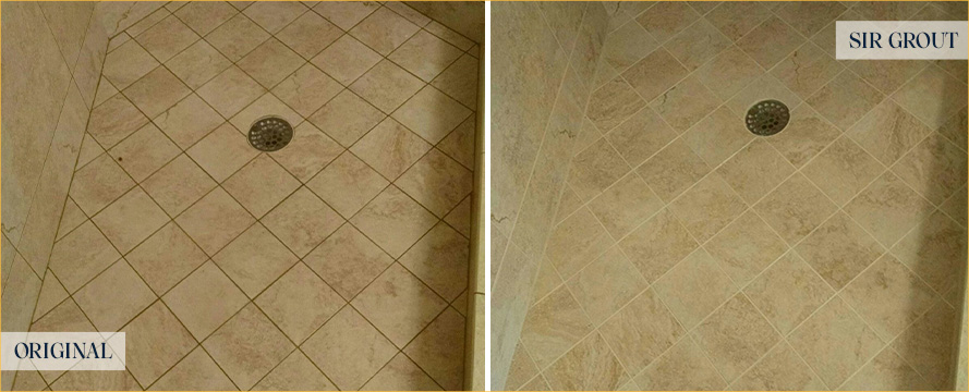 Shower Floor Before and After a Grout Cleaning in Tucson