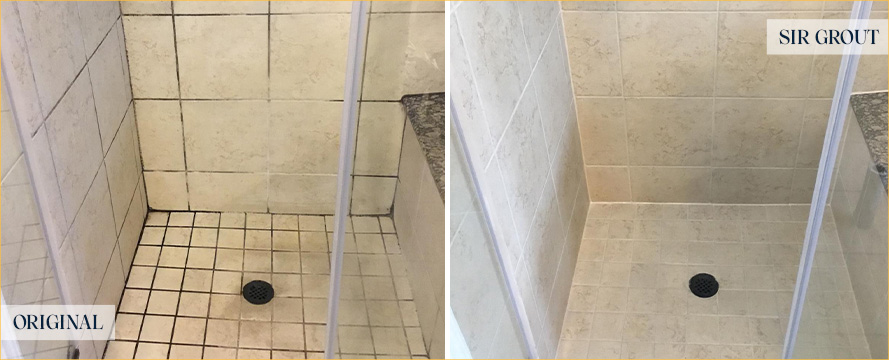 Shower Stall Before and After a Service from Our Tile and Grout Cleaners in Tucson