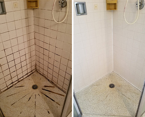 Shower Walls and Floor Before and After a Tile Cleaning in Marana
