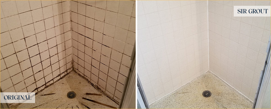 Shower Walls and Floor Before and After a Tile Cleaning in Marana