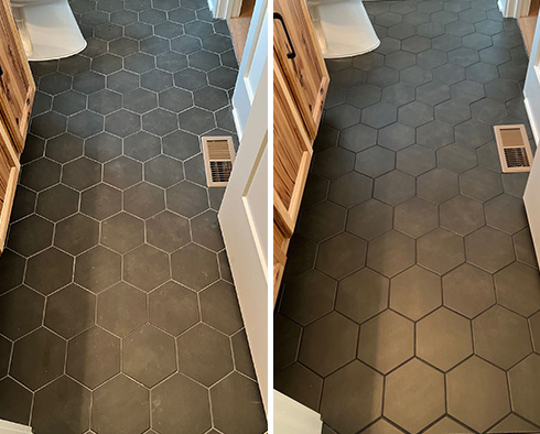 Bathroom Floor Before and After a Grout Recoloring in Tucson