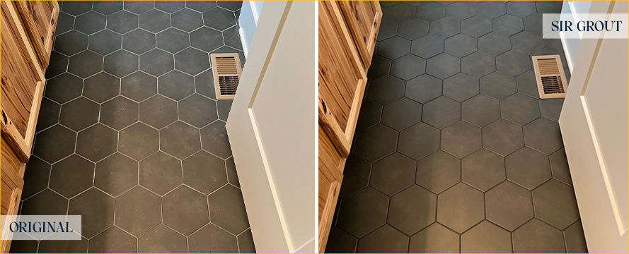 Bathroom Floor Before and After a Grout Recoloring in Tucson