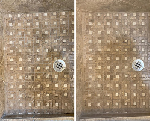 Shower Floor Before and After a Grout Cleaning in Tucson