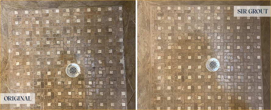 Shower Floor Before and After a Grout Cleaning in Tucson
