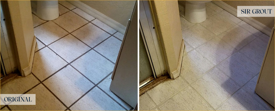 Bathroom Floor Before and After a Grout Cleaning in Tucson