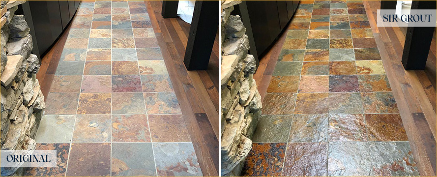 Reception Floor Before and After a Stone Cleaning in Tucson