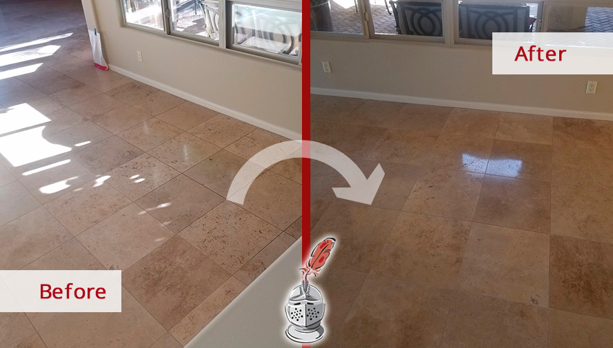 Before and After Picture of a Travertine Floor Stone Cleaning Service in Vail, AZ