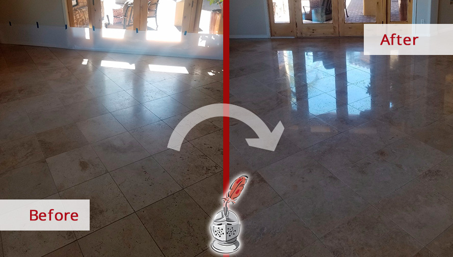 Before and After Image of a Travertine Floor Stone Cleaning Service in Vail, AZ