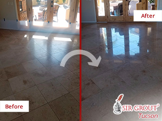 Before and After Picture of a Travertine Floor Stone Cleaning Service in Vail, AZ