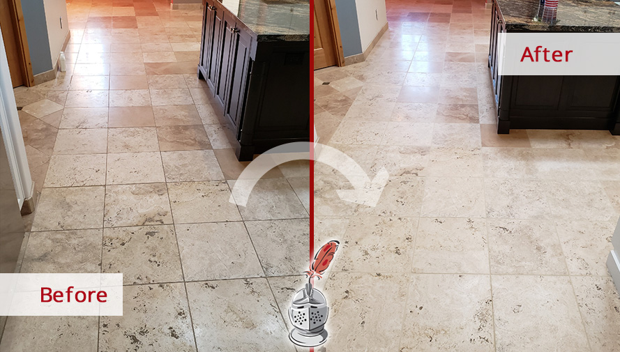 Picture of a Travertine Floor Before and After a Stone Cleaning Job in Catalina Foothills, AZ