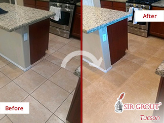 Before and After Image of a Kitchen Floor After a Tile Cleaning in Marana, AZ