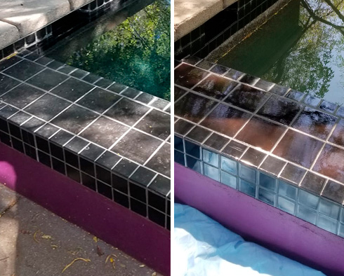 Before and After Image on a Pool Deck After a Tile Sealing in Tucson, AZ
