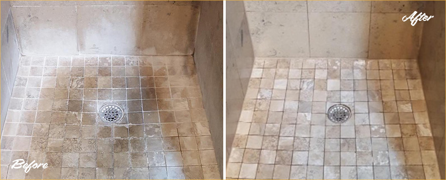 Picture of a Shower Before and After Our Professional Hard Surface Restoration Service in Catalina Foothills