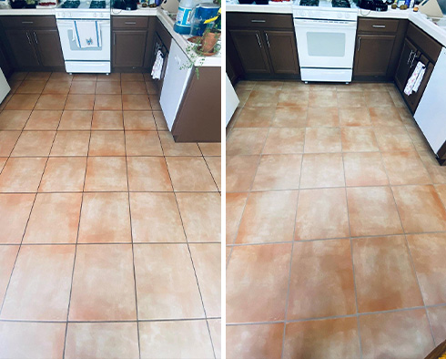 Kitchen Tile Floor Before and After a Grout Cleaning Service in Marana