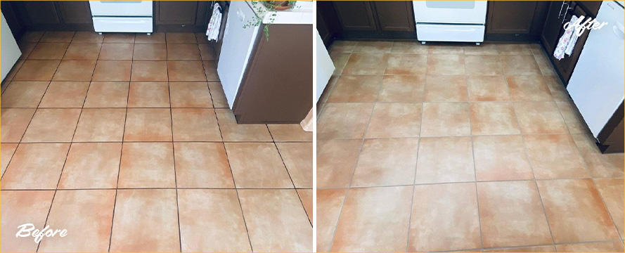 Kitchen Tile Floor Before and After a Grout Cleaning in Marana