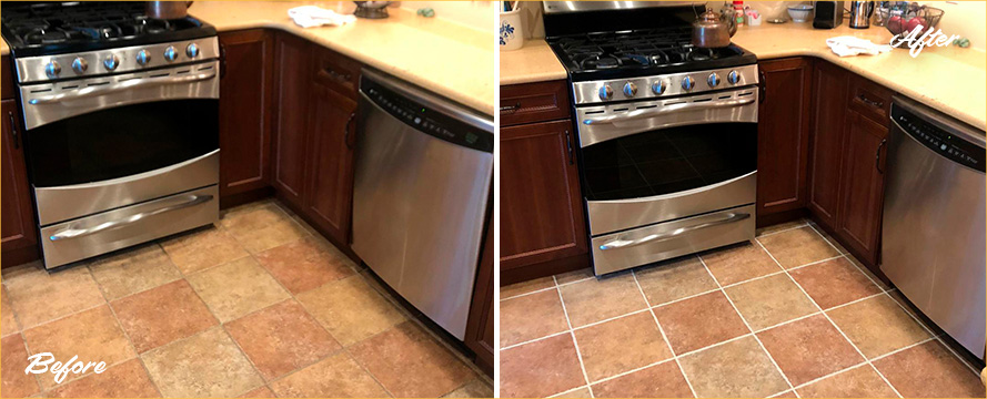 Ceramic Floor Before and After a Grout Cleaning in Casas Adobe