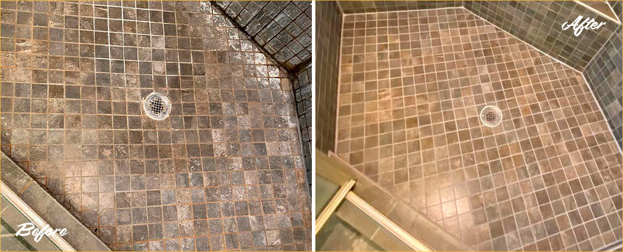 Shower Before and After Our Superb Hard Surface Restoration Services in Oro Valley, AZ