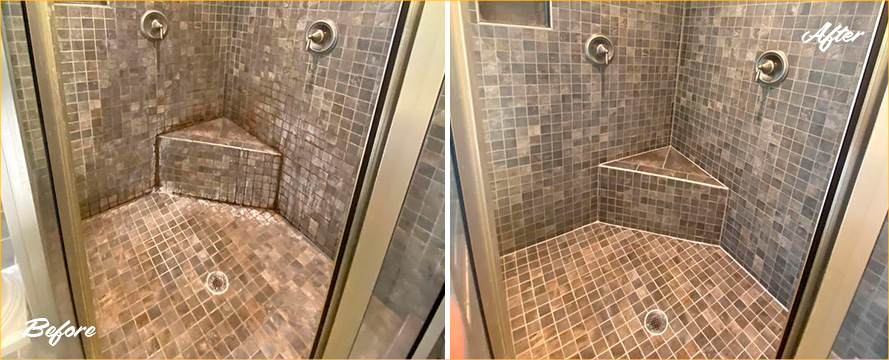 Shower Floor Before and After Our Top-Notch Hard Surface Restoration Services in Oro Valley, AZ