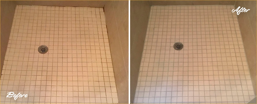 Shower Floor Before and After a Grout Cleaning in Oro Valley, AZ