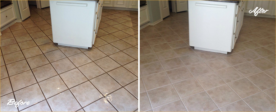 Kitchen Tile Floor Before and After a Grout Recoloring in Tucson