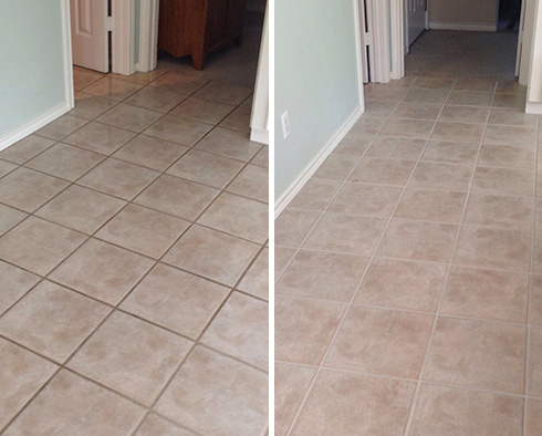 Tile Floor Before and After a Grout Recoloring in Tucson